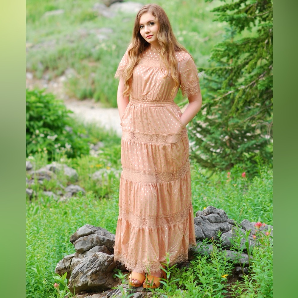 Brand new shimmery polka dot dress! Picture of how it looks on in slide 2.